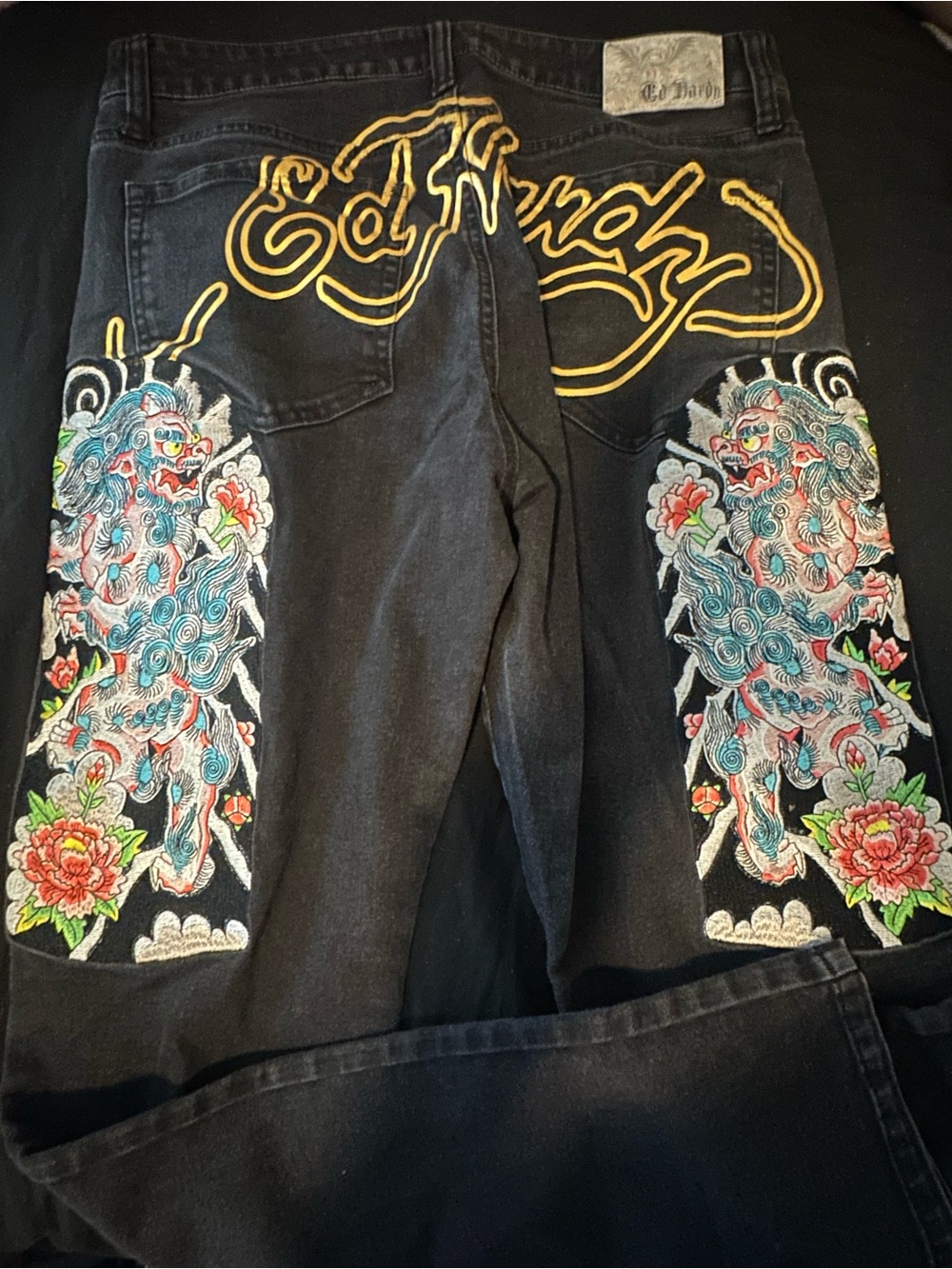 Ed Hardy Black Jeans with Yellow Script and Multicolor Embroidered Foo Dogs